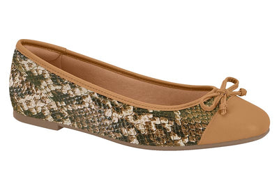 Ballet flat shoe with patterned toe cap and brown bow on a white background