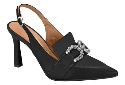 Black high-heeled shoe with a decorative buckle on a white background