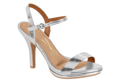 Silver high-heeled sandal on a white background