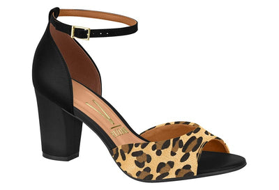 High-heeled sandal with leopard print toe and black block heel on a white background