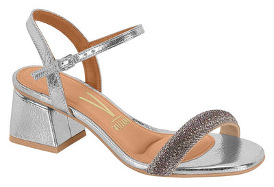 Silver glittery sandal with a block heel on a white background
