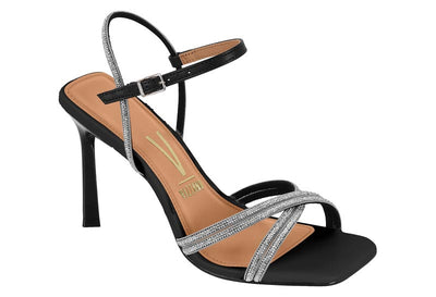 Black high-heeled sandal with silver straps on a white background