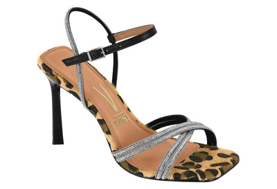 High-heeled sandal with leopard print and silver straps on a white background