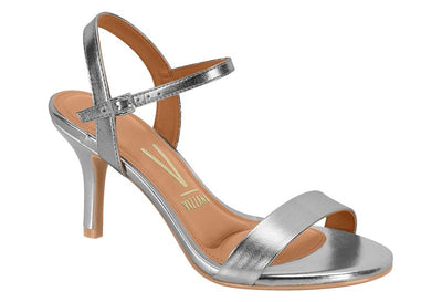 Silver high-heeled sandal on a white background