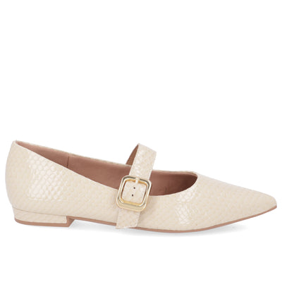 Beige flat shoe with a gold buckle on a white background