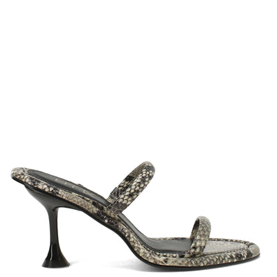 Snake print high-heeled sandal on a white background