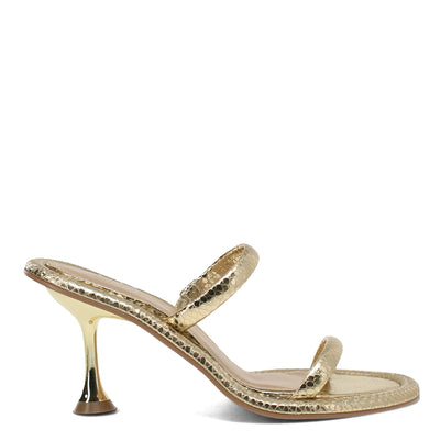 Gold high-heeled sandal on a white background
