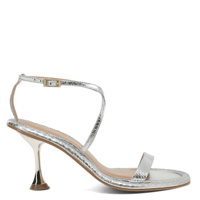 Silver high-heeled sandal with a thin strap on a white background