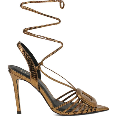 Bronze high-heeled sandal with intricate design on a white background