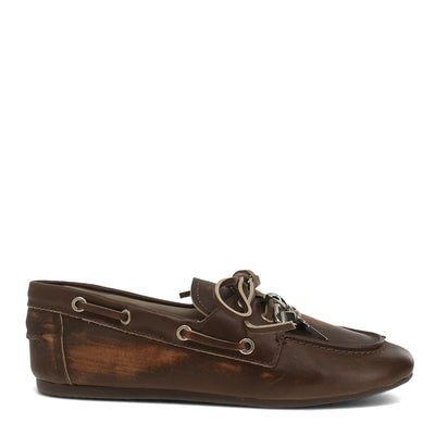Brown leather boat shoe on a white background