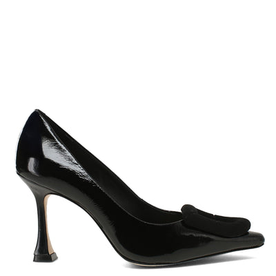 Black patent leather high-heeled shoes on a white background