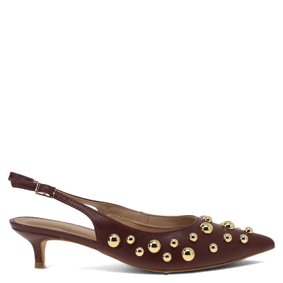 Brown high-heeled shoe with gold studs on a white background