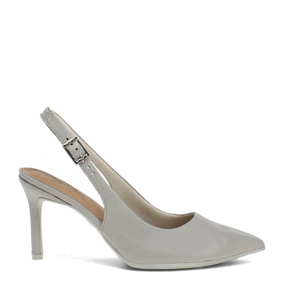 Light gray high-heeled shoe with a slingback design on a white background